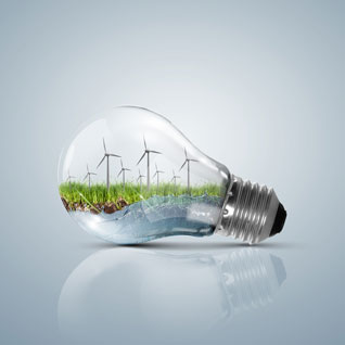 燈泡裡面有草地與風力發電機
