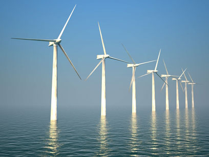 佇立在海中的風力發電機。