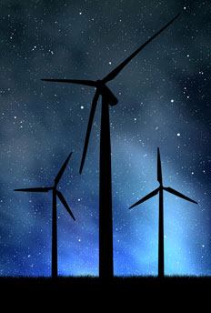 在夜空、星空下的風力發電機。